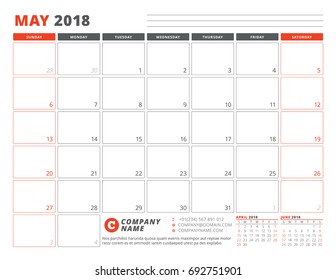 Calendar Planner Template for May 2018. Business Planner Template. Stationery Design. Week starts on Sunday. 3 Months on the Page. Vector Illustration