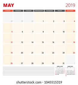 Calendar planner template for May 2019. Week starts on Sunday. Vector illustration