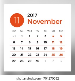 Calendar planner template for November 2017. Week starts on Monday. Design print vector template isolated on color background