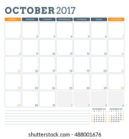 Calendar Planner Template for October 2017. Week Starts Sunday. 3 Months on Page. Place for Notes. Stationery Design. Vector Calendar Template