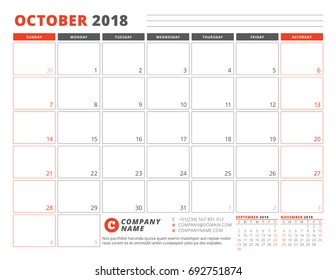 Calendar Planner Template for October 2018. Business Planner Template. Stationery Design. Week starts on Sunday. 3 Months on the Page. Vector Illustration