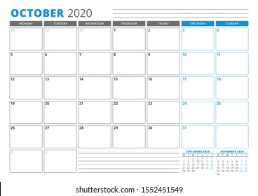 Calendar planner template for October 2020. Stationery Design. Week starts on Monday. 3 Months on the Page. Vector Illustration