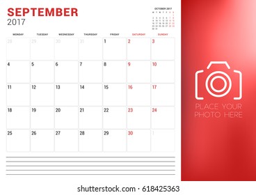 Calendar Planner Template for September 2017. Week Starts Monday. Place for Photo. Stationery Design. Vector Illustration