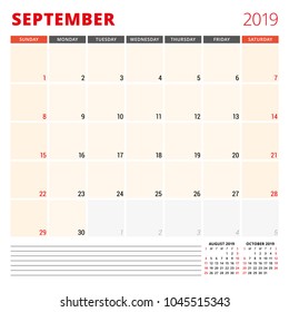 Calendar planner template for September 2019. Week starts on Sunday. Vector illustration