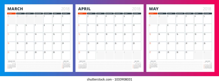 Calendar planner template for spring 2018. March, April, May. Design print vector template