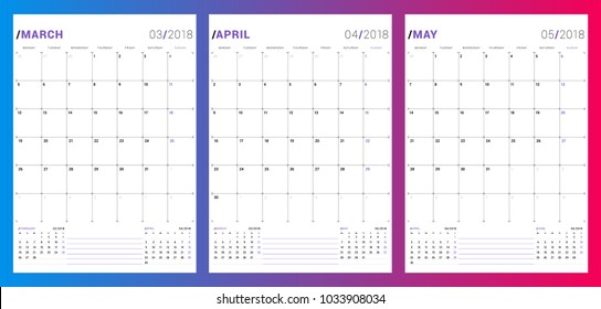 Calendar planner template for spring 2018. March, April, May. Design print vector template