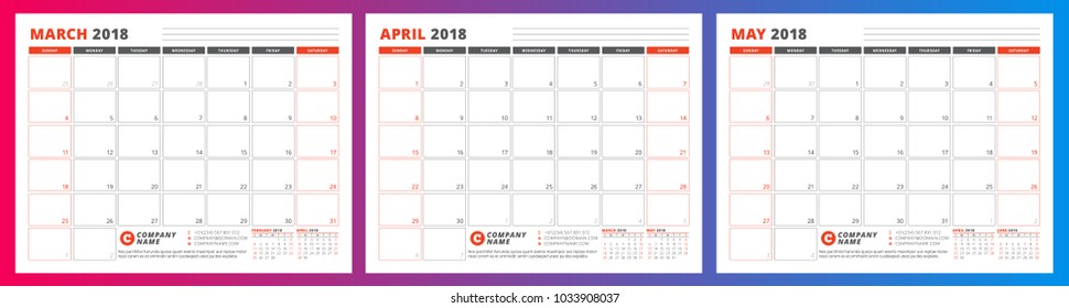 Calendar planner template for spring 2018. March, April, May. Design print vector template