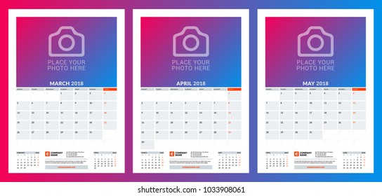 Calendar planner template for spring 2018. March, April, May. Design print vector template