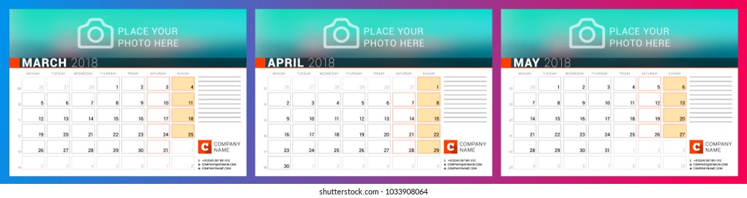 Calendar planner template for spring 2018. March, April, May. Design print vector template