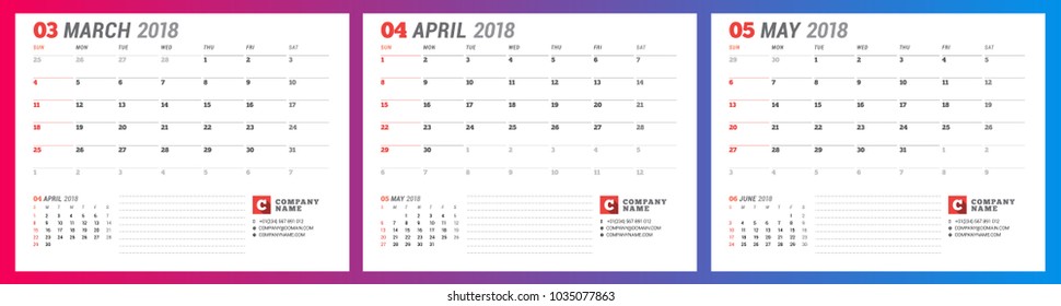 Calendar planner template for spring 2018. March, April, May. Design print vector template