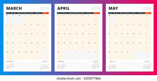 Calendar planner template for spring 2018. March, April, May. Design print vector template