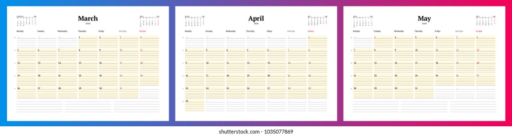 Calendar planner template for spring 2018. March, April, May. Design print vector template