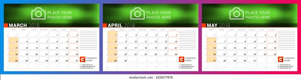 Calendar planner template for spring 2018. March, April, May. Design print vector template