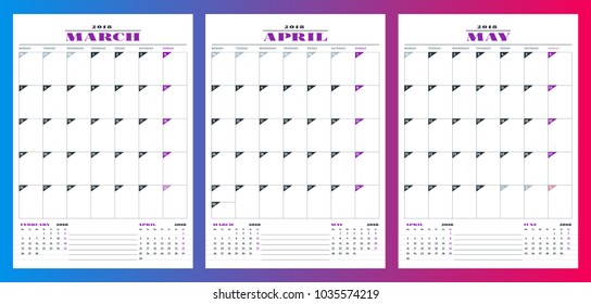 Calendar planner template for spring 2018. March, April, May. Design print vector template