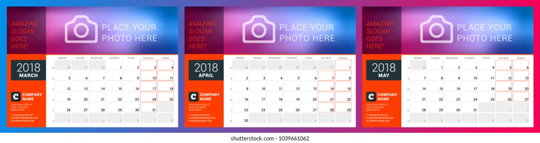 Calendar planner template for spring 2018. March, April, May. Design print vector template