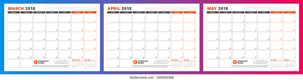 Calendar planner template for spring 2018. March, April, May. Design print vector template