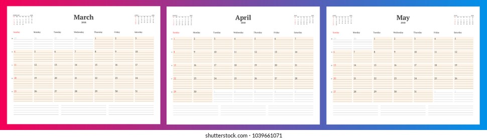 Calendar planner template for spring 2018. March, April, May. Design print vector template