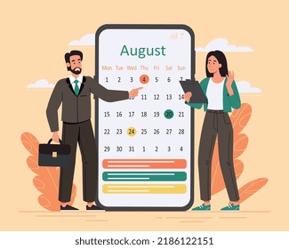 Calendar planning concept. Man and woman notice days of business meetings. Scheduling and planning. Important date and busy person. Effective time management. Cartoon flat vector illustration