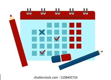 Calendar Planning Concept on White Background. Red and Blue Pen Date Mark. Business Vector Illustration