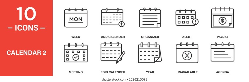 Calendar and Planning Icon Set: 10 Line Icons Including Week, Meeting, Payday, Alert, and Agenda Symbols