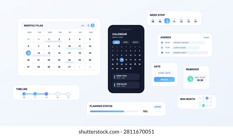 Calendar Planning Interface Elements and Mobile App Screen. Modern calendar and planning UI collection featuring monthly views, agenda, week strip, timeline. Vector UI, UX components for mobile app