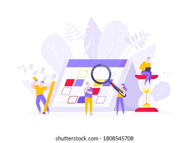 Calendar planning schedule business concept vector illustration. Tiny people with magnifier glass, big hourglass do working plan on day calendar and checks dates. Time management or deadline metaphor.