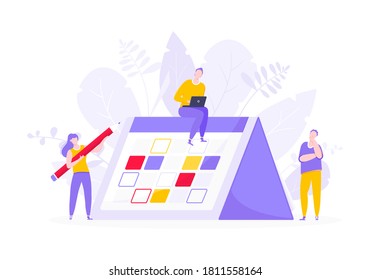Calendar planning schedule business concept vector illustration. Tiny people with large pencil do working plan on day calendar and checks dates. Time management or deadline metaphor.