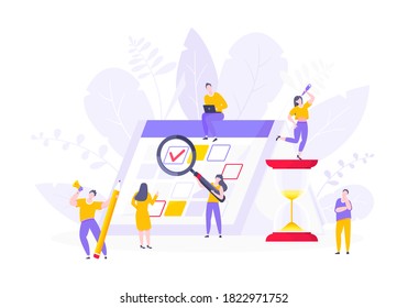 Calendar planning schedule business concept vector illustration. Tiny people with large pencil, magnifier do working plan on day calendar and checks dates. Time management or deadline metaphor.