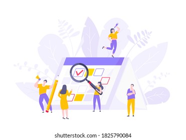 Calendar planning schedule business concept vector illustration. Tiny people with large pencil, magnifier do working plan on day calendar and checks dates. Time management or deadline metaphor.