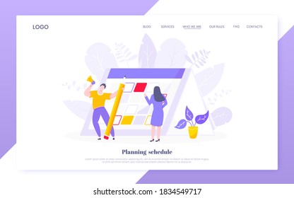 Calendar planning schedule business concept vector illustration. Tiny people with large pencil, do working plan on day calendar and checks dates. Time management or deadline web template.