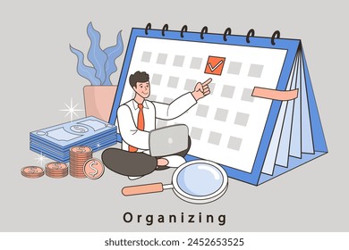 Calendar planning schedule business concept. man with big magnifier glass. working plan on day calendar and checks dates. Time management or deadline. vector outline illustration.