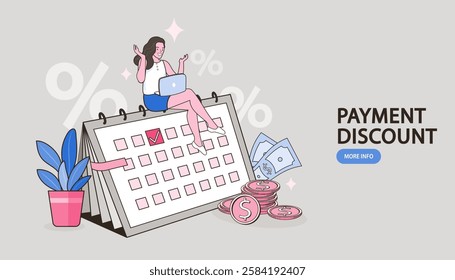 Calendar planning schedule business concept. Woman with big magnifier glass. working plan on day calendar and checks dates. Time management or deadline. vector outline illustration.