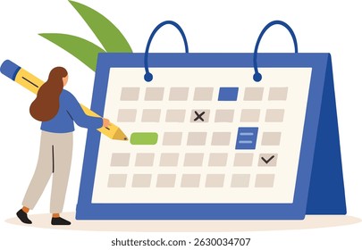 Calendar Planning Vector Illustration with Woman and Pencil