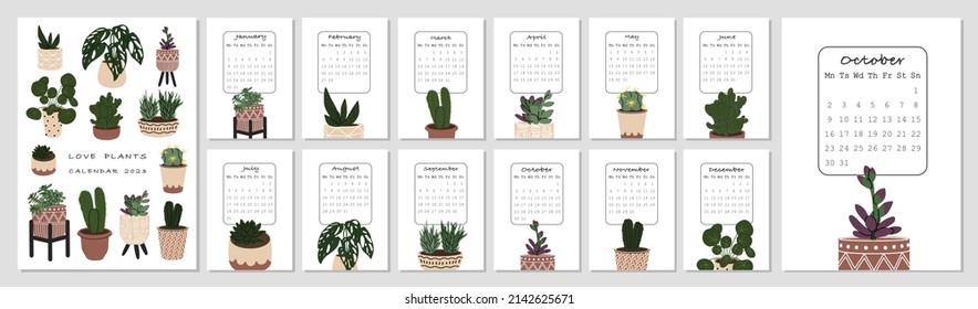 Calendario con plantas 2022. Casa de moda Cute con plantas en macetas de flores. Diseño minimalista. Decoración para el interior de la casa y de la oficina. Estilo plano en ilustración vectorial. Formato A3. Elementos aislados.