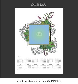 calendar with plants and photos 2017, drawn by hand, manually. On paper, strokes and dots, and painted color