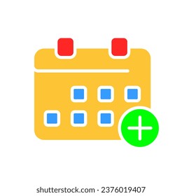 Calendar with plus line icon. Diary, organizer, important date, month, holiday, New Year, week, weekend. Vector color icon on white background for business and advertising.