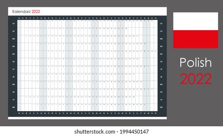 Calendar in Polish for 2022. Year planner and organizer. Simple and legible layout. Template for the company. Free space for the name and other company details such as telephone and address.