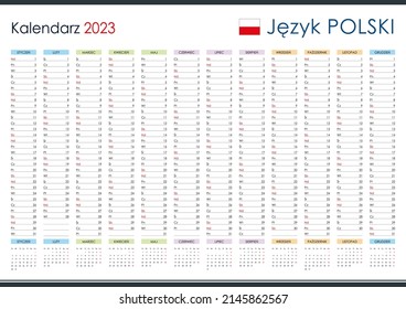 Calendar in Polish for 2023. Year planner and organizer. Simple and legible layout. Template for the company. Free space for the name and other company details such as telephone and address.
