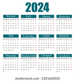 Calendar in Polish for 2024. The week starts from Monday. Vector illustration