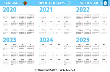 Calendar in Portuguese language for year 2020, 2021, 2022, 2023, 2024, 2025. Week starts from Monday. Vector calendar.