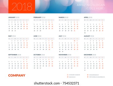 Calendar poster for 2018 year. Landscape oriantation. Vector design print template with abstract background or place for photo. Week starts on Monday