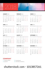 Calendar poster for 2018 year. Portrait oriantation. Vector design print template with abstract background or place for photo. Week starts on Monday