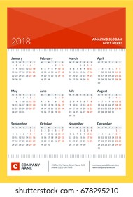 Calendar poster for 2018 year. Week starts on Monday. 12 Months on Page. Vector Design Print Template with Place for Photo and Company Information