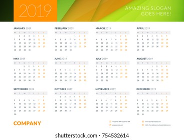 Calendar poster for 2019 year. Landscape oriantation. Vector design print template with abstract background or place for photo. Week starts on Monday