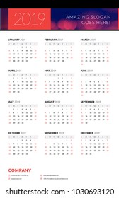 Calendar poster for 2019 year. Portrait oriantation. Vector design print template with abstract background or place for photo. Week starts on Sunday