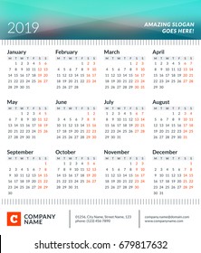 Calendar poster for 2019 year. Week starts on Monday. 12 Months on Page. Vector Design Print Template with Place for Photo and Company Information