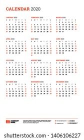 Calendar poster for 2020 year. Week starts on Sunday. Printable vector stationery design template