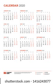 Calendar poster for 2020 year. Week starts on Monday. Printable vector stationery design template