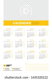 Calendar poster for 2020 year. Week starts on Monday. Printable vector stationery design template