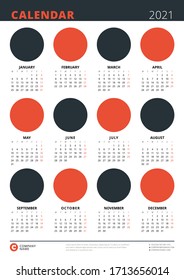 Calendar poster for 2021 year. A3 size template with place for 12 photo. Stationery design. Week starts on Monday